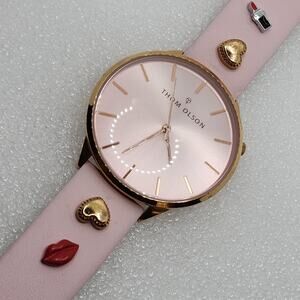 Thom Olson Heart Pink Lips Trinket Charm Rose Gold Curved Crystal Lens Watch